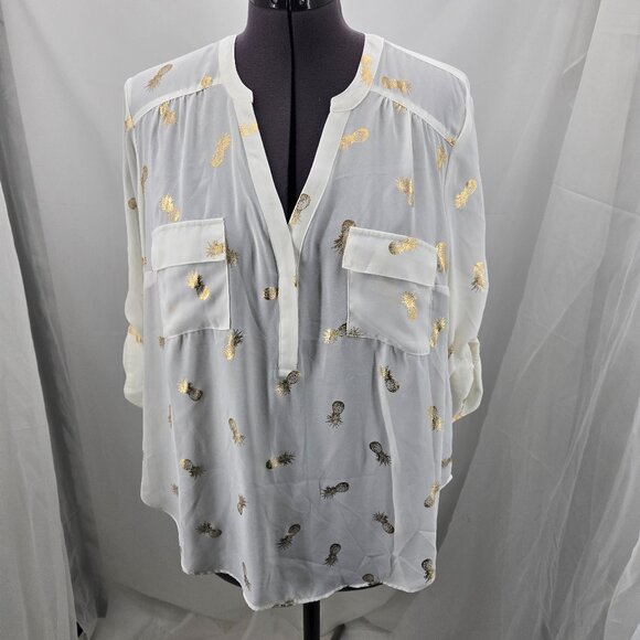 810-12 NEW Torrid Harper Georgette White Gold Pineapple Blouse Size L/12, 0 - Picture 1 of 15